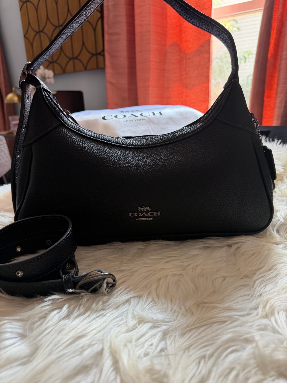 Coach ELLA black Pebbled Leather Shoulder Hobo with silver Logo